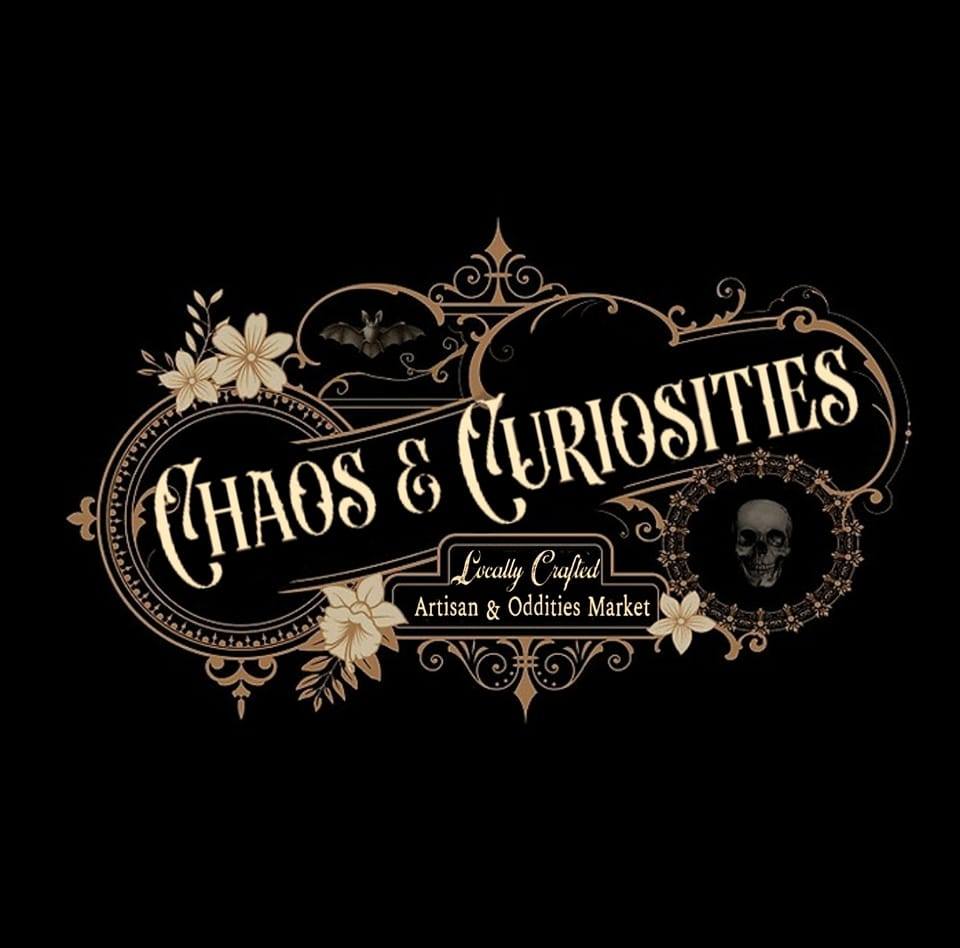 Black background with boutique logo saying Chaos and Curiosities Locally Crafted Artisan and Oddities Market